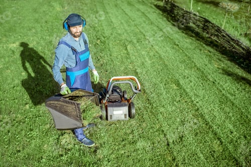 Preview: Gardener working with lawn mower on the backyard