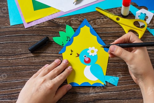 Preview: Spring postcard birdhouse with a bird on a wooden table. Handmade