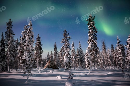 Preview: Northern Lights (aurora borealis) above a tent teepee kota in the forest in winter in Finnish Laplan