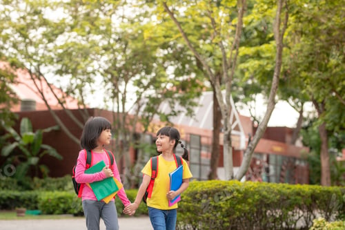 Preview: Back to school. Two cute asian child girls with school bag holding book and walk together