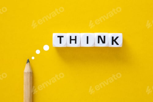 Preview: Pencil with the word think on yellow background. Thinking for creative ideas concept.