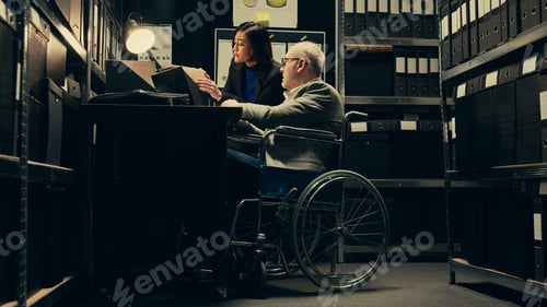 Preview: Inspector consulting with expert on archived materials and autopsy records