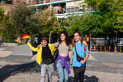 Preview: Young diverse friends walking on the street with the lgbt rainbow flag.