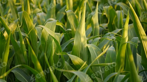Preview: Green field of ripening corn, agricultural landscape. Young corn plants. Corn plantations at sunset