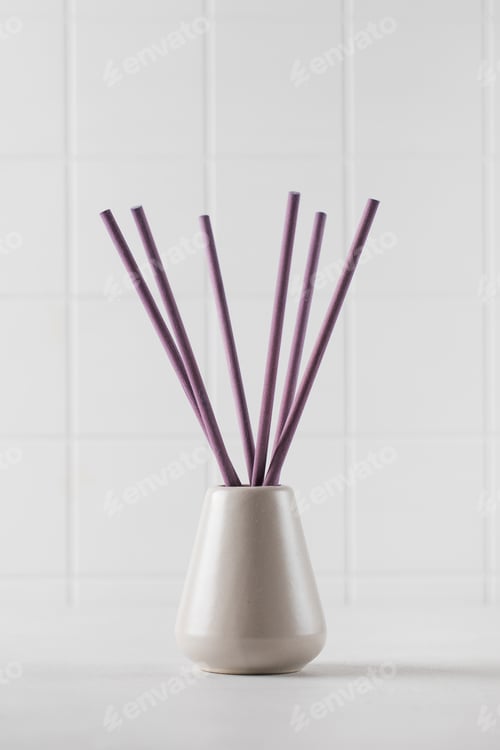 Preview: Vase and incense sticks. Interior perfume concept. Copy space.