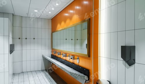 Preview: Public empty restroom with washstands mirror
