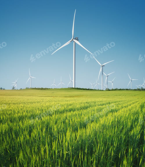 Preview: Wind power plant and green meadow at day.