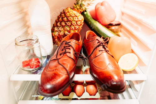 Preview: Shoes and food into a refrigerator for fools day