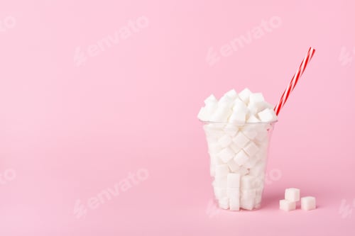 Preview: Shake Glass Full of Sugar Cubes on Pink Background, Unhealthy Drink Concept