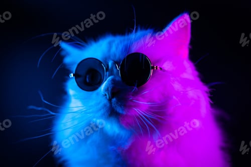 Preview: Portraits of white furry cat in fashion eyeglasses. Studio neon light. Luxurious domestic kitty