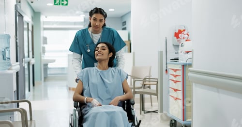 Preview: Doctor, wheelchair patient and talking people consulting over healthcare service, wellness surgery