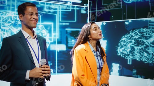 Preview: Cheerful host and expert guest talking at AI summit