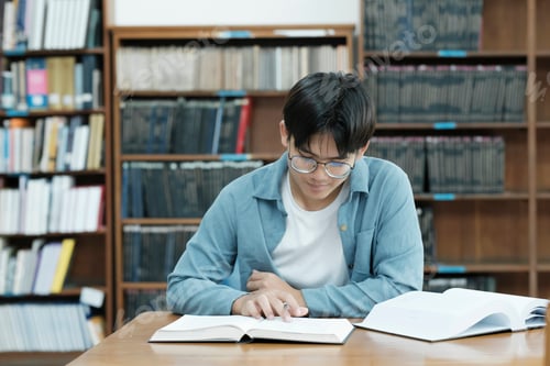 Preview: University students reading books in library for research.