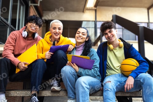Preview: Happy, smiling multiracial group of college student friends looking at camera sitting on stairs.