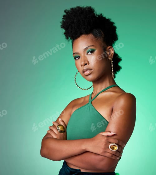 Preview: Green screen, face makeup and black woman with power against a green mockup studio background. Port
