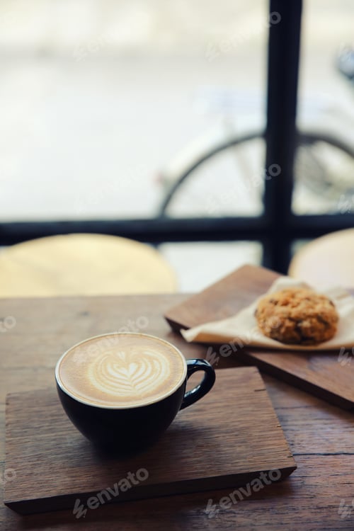 Preview: Cappuccino Coffee With Cookie On Wood Background