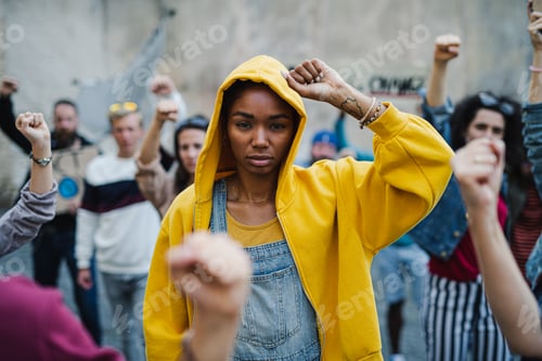 Preview: Group of people activists protesting on streets, BLM demonstration and coronavirus concept.