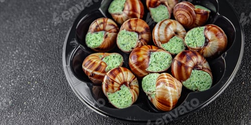 Preview: snails with green oil aromatic herbs tasty fresh healthy eating cooking appetizer meal food snack