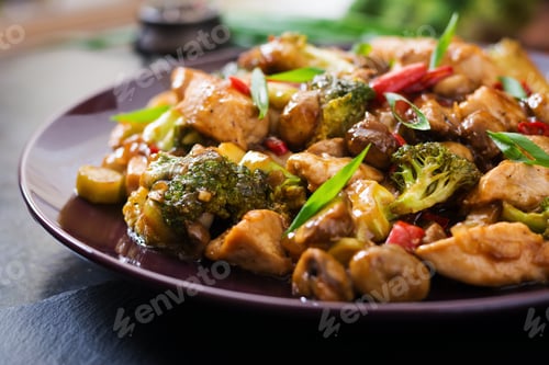 Preview: Stir fry with chicken, mushrooms, broccoli and peppers - Chinese food