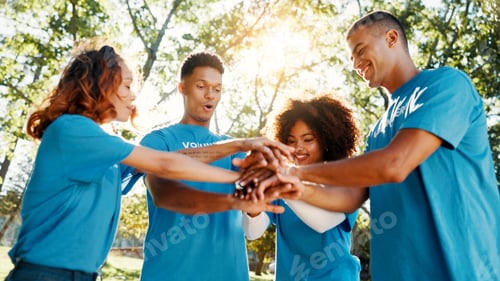 Preview: Volunteer, team and people huddle outdoor for support, donation goal or cooperation in low angle. H
