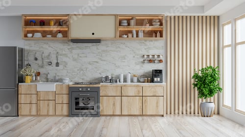 Vista previa: Modern kitchen interior with furniture,kitchen interior with tiles wall.