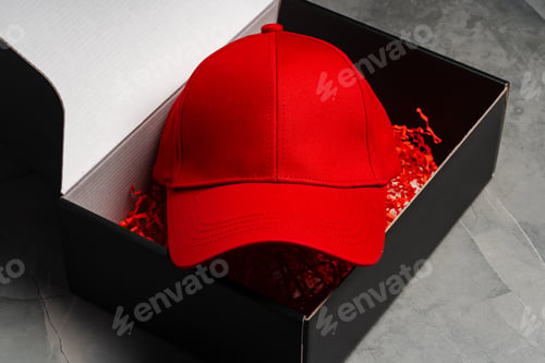 Preview: Red Baseball Cap in Cardboard Box close up