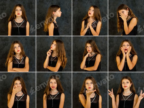 Preview: Collage set emotion of different facial expressions child girl 10 year old posing at dark