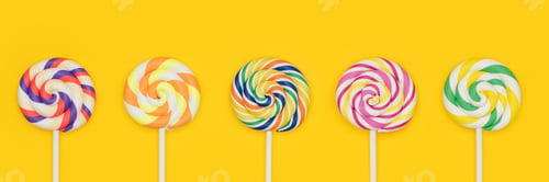 Preview: Fruit Rainbow Swirl Flat Lollipops in a row banner. Lollipop candy set.