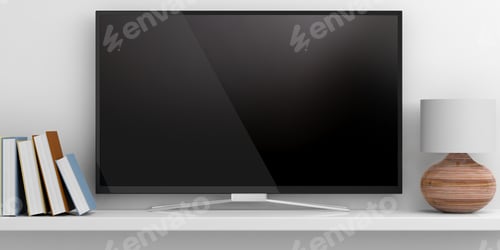Preview: TV, books and a lamp on a shelf - white background. 3d illustration