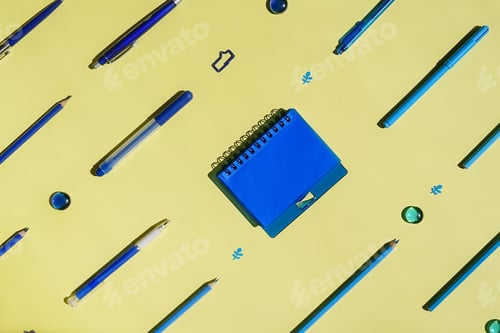 Preview: Stationery on yellow. Flat lay.