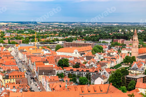 Preview: Panoramic view, aerial skyline of Landshut in Bavaria. Saint Martin cathedral, Martinskirch in old