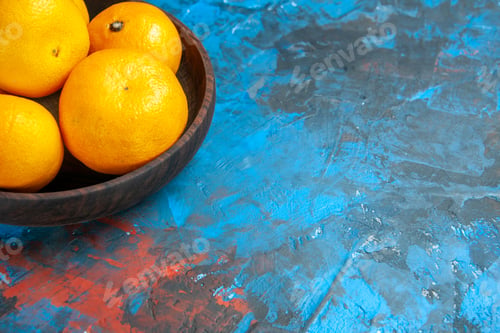 Preview: front view fresh tangerines inside plate on blue background color fruit tree photo juice citrus
