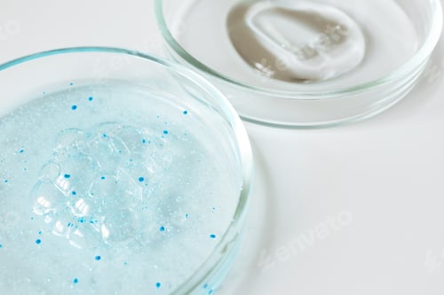 Preview: Blue shower gel with scrub grain with bubbles and transparent shampoo smudge in glass petri dish