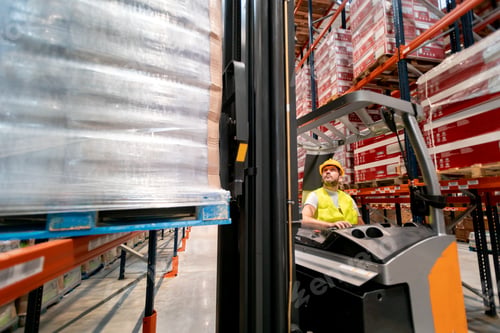 Preview: Warehouse worker in a forklift truck places the packages on the shelves