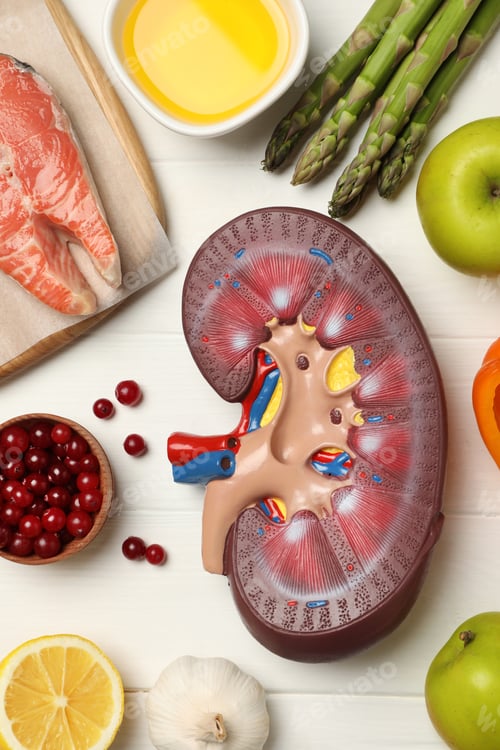 Preview: Flat lay composition with kidney model and different products on white wooden table