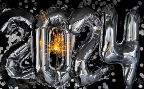 Preview: Happy new year 2024 metallic balloons with confetti and sparkler firework Bengal lights on dark