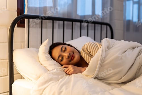 Preview: Asian beautiful woman lying down on bed in bedroom, dreaming at night.