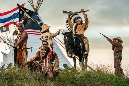 Preview: group of Native American or American Indian tribe in full headdress on a paint face stand