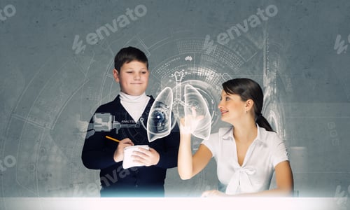 Preview: Woman Teacher And Boy At Lesson Touching Media Screen