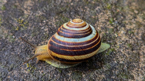 Preview: A small snail with a shell crawling on the asphalt. Rainy weather.