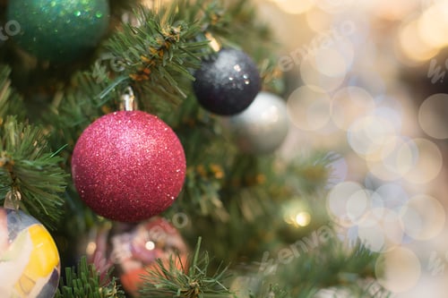 Preview: Christmas tree with holiday red balls and lights. Xmas card