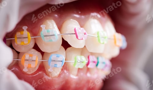 Preview: Macro snapshot of white teeth and ceramic braces with colorful rubber bands on them