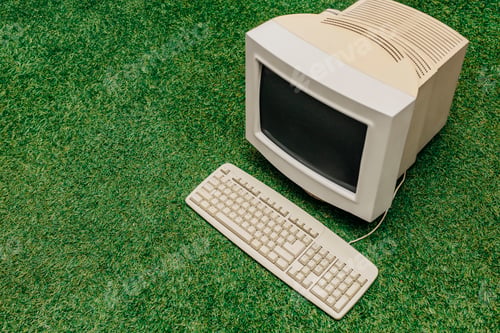 Preview: Vintage PC on green grass, top view. Monitor and keyboard as in 90s