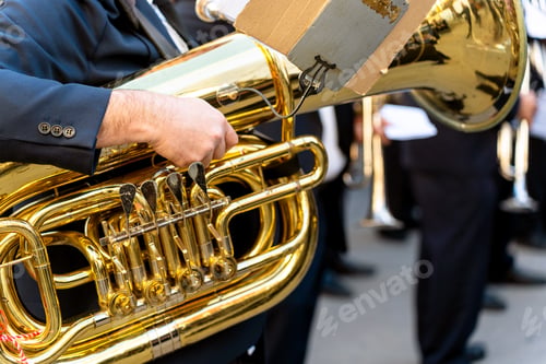 Preview: Band musicians with their instruments on the street. Typical music bands in Spain.