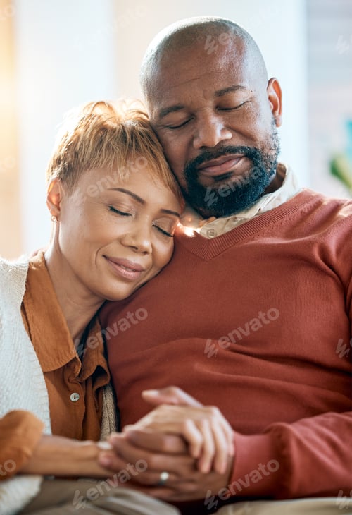 Preview: Senior black couple, holding hands on sofa or comfort bonding care with smile happiness in home liv