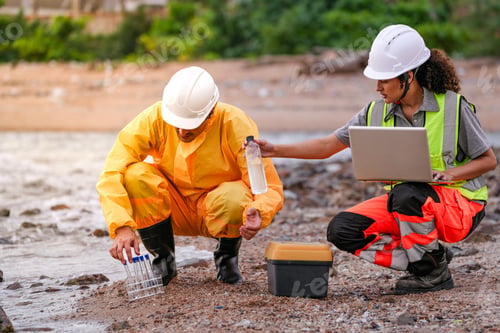 Preview: Two environmental researchers walk back from shoreline testing.