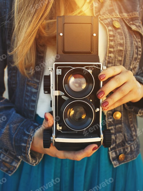 Preview: Summer lifestyle portrait of hipster girl with old camera