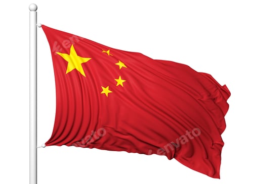 Preview: Waving flag of China on flagpole, isolated on white background.