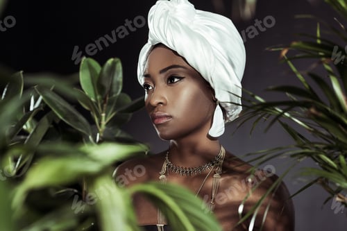 Preview: attractive african american woman in stylish wire head wrap behind leaves