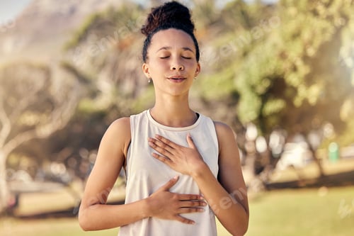 Preview: Fitness, woman and yoga breathing in relax for spiritual wellness, mental wellbeing or calm exercis